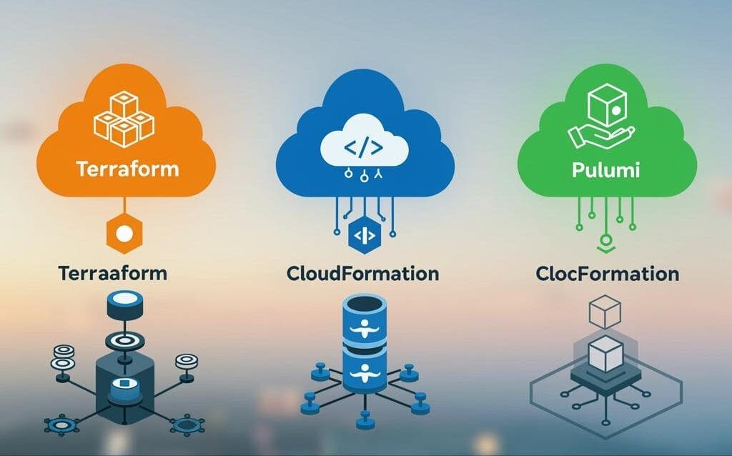 Create a featured image for a post about: Infrastructure as Code: Terraform vs. CloudFormation vs. Pulumi