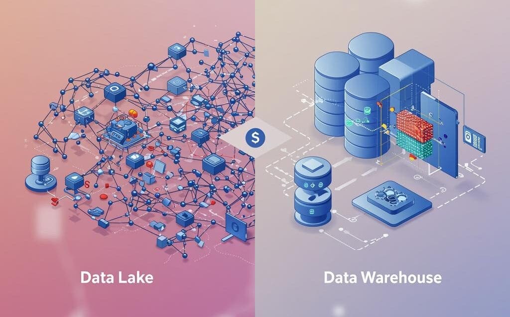 Create a featured image for a post about: Data Lake vs. Data Warehouse: Strategic Architectural Decisions